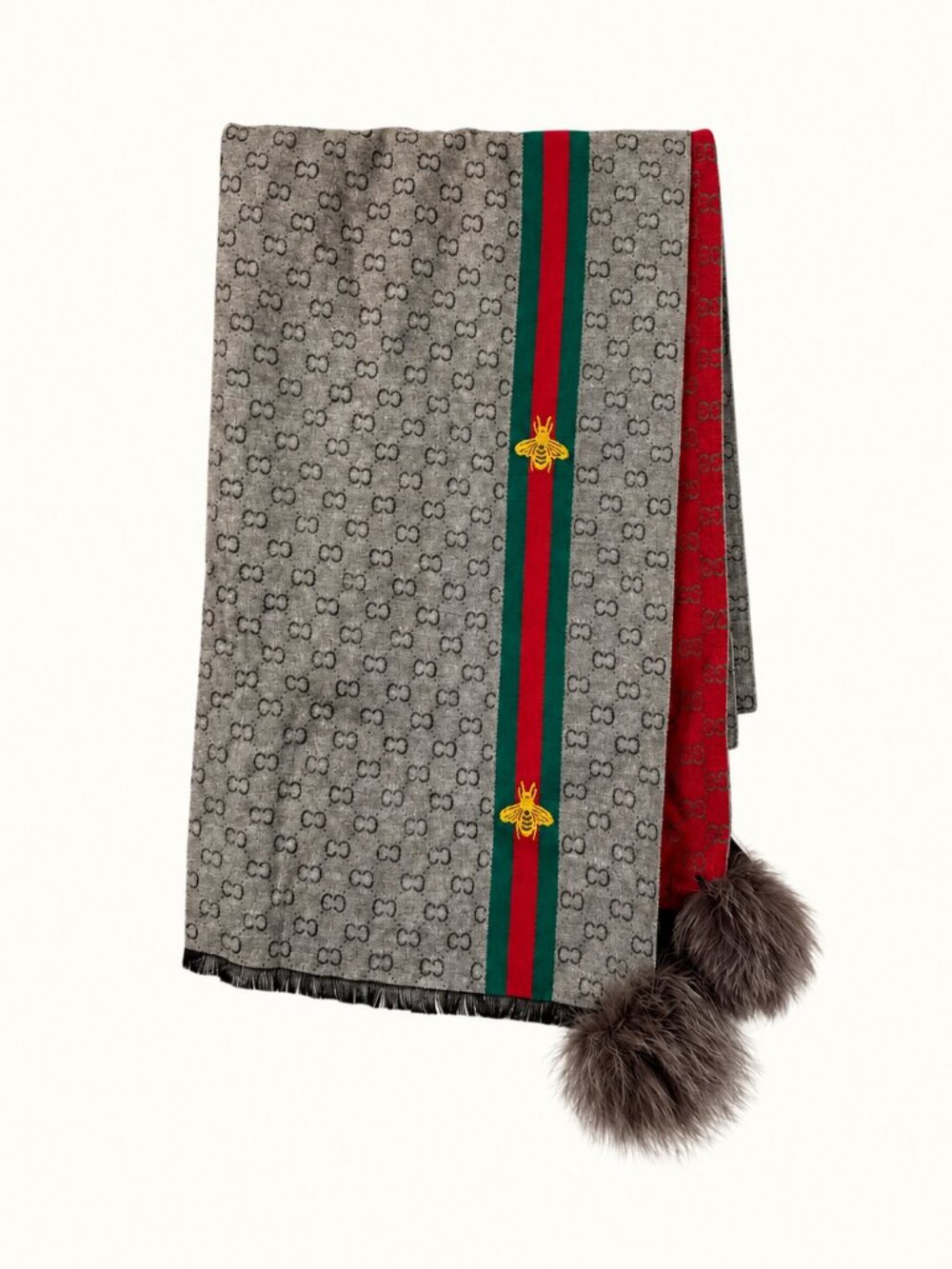 Mitchies Gray Red Bee Stripe Pom-Pom Scarf NWT OS